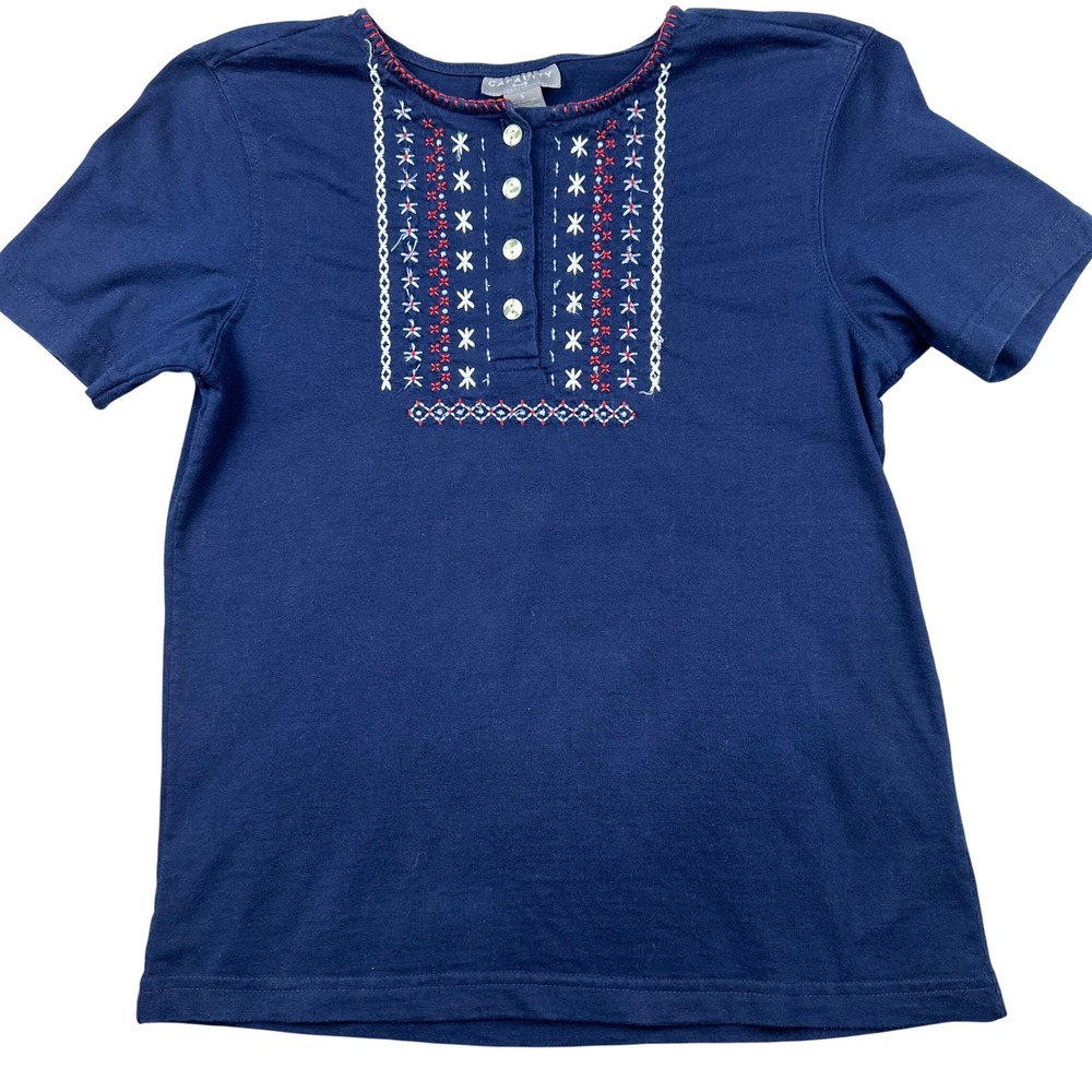 Grandmacore Knit top 4th of July Navy Blue‎ Embroidered Henley Top Cotton Small